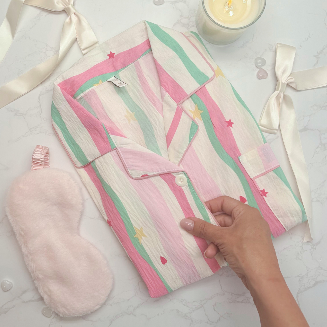 Striped Pyjamas with Star & Heart Detail – Christmas PJ Gift Box with Eye Mask for Her, Teen, Sister, Daughter