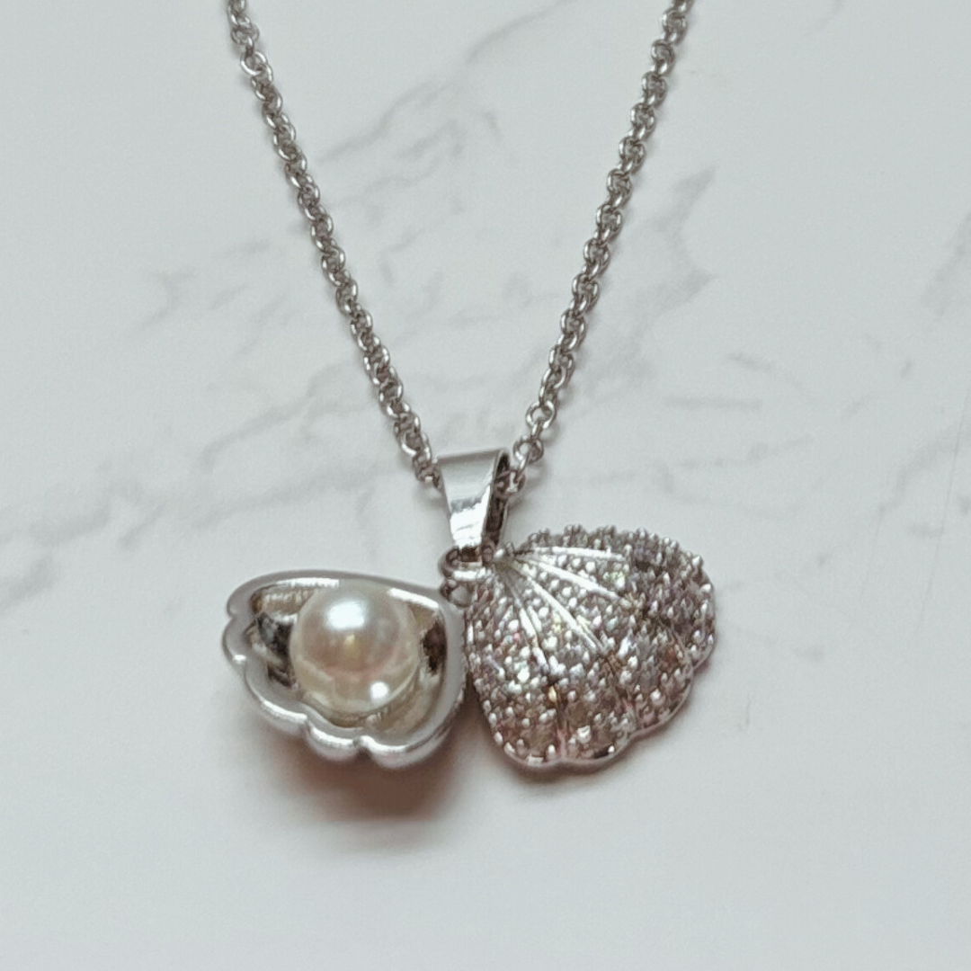 Pearl Shell Necklace – Opens To Reveal A Pearl, Silver Plated With Cubic Zirconia Detail