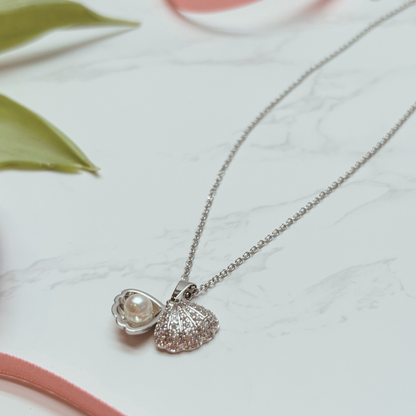 Pearl Shell Necklace – Opens To Reveal A Pearl, Silver Plated With Cubic Zirconia Detail