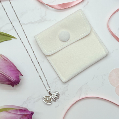 Pearl Shell Necklace – Opens To Reveal A Pearl, Silver Plated With Cubic Zirconia Detail