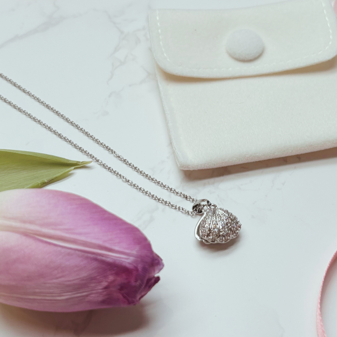 Pearl Shell Necklace – Opens To Reveal A Pearl, Silver Plated With Cubic Zirconia Detail