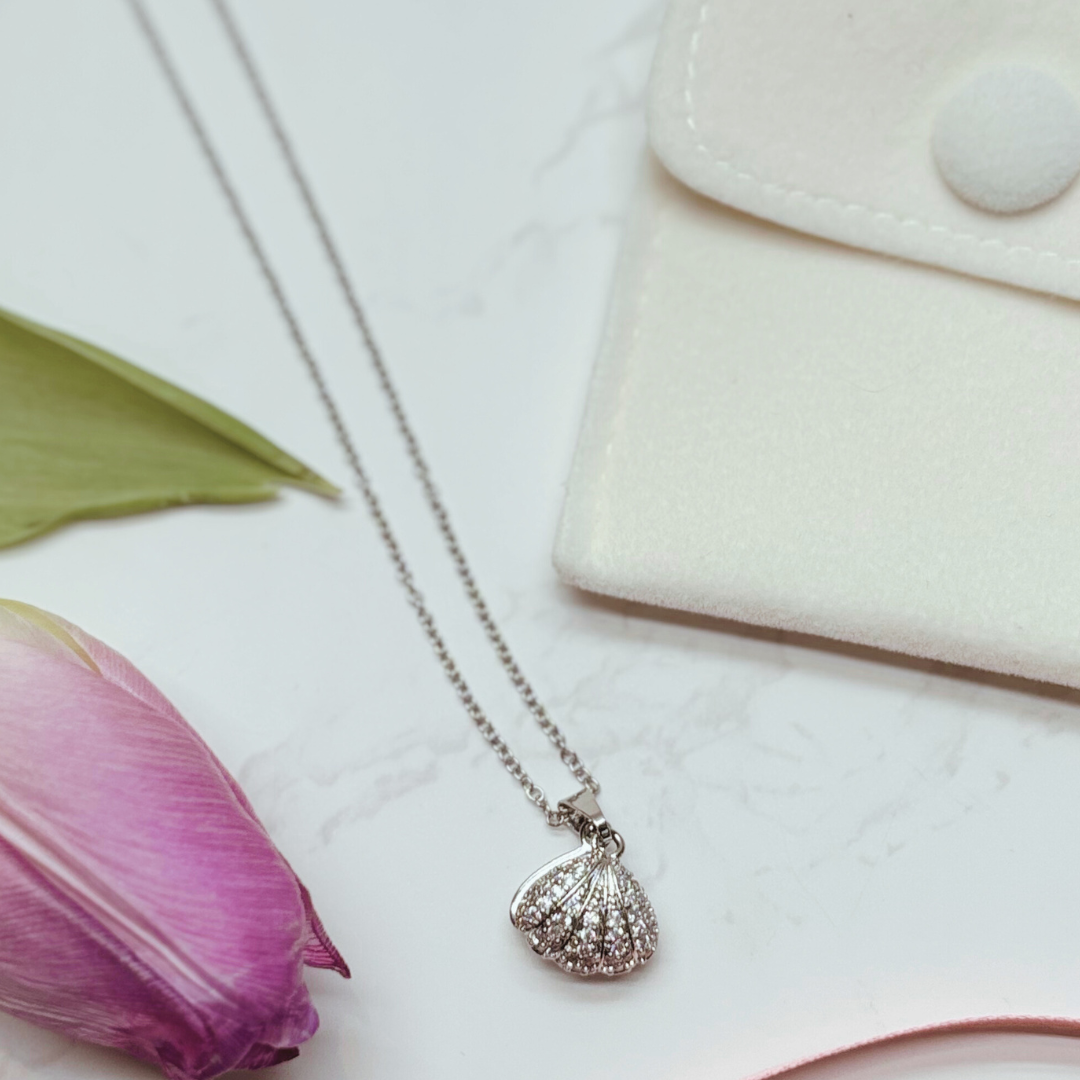 Pearl Shell Necklace – Opens To Reveal A Pearl, Silver Plated With Cubic Zirconia Detail