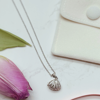 Pearl Shell Necklace – Opens To Reveal A Pearl, Silver Plated With Cubic Zirconia Detail