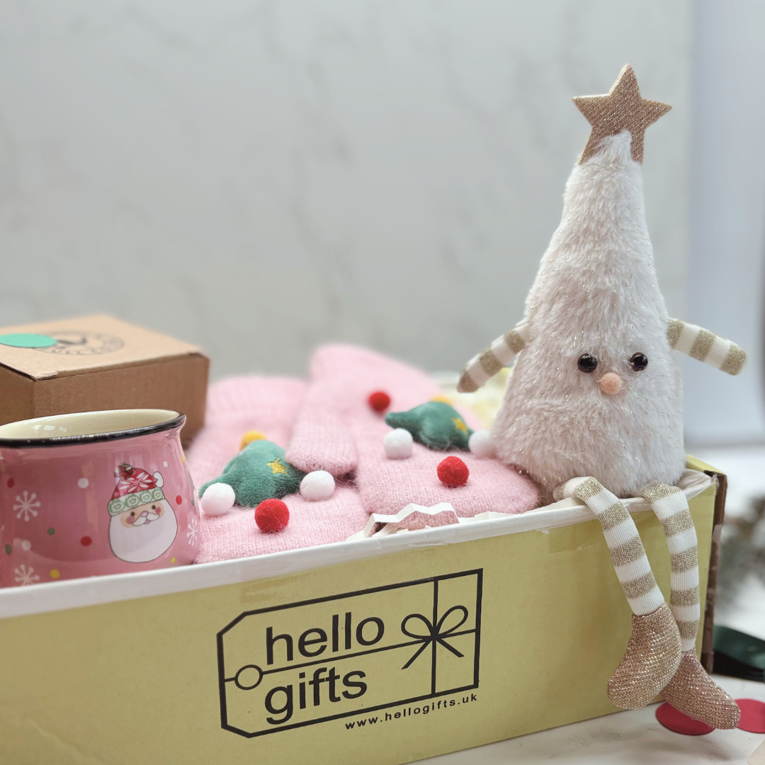 Kids Christmas Eve Gift Box – Mug, Gloves, Christmas Tree Decorative Soft Toy &amp; Chocolate PINK