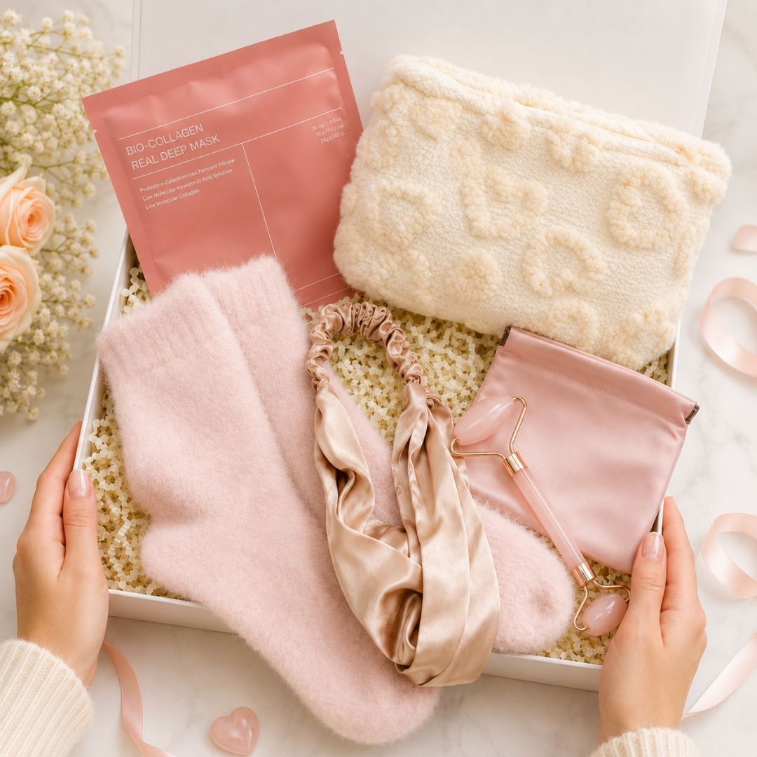 Skincare product set including face masks and roller in a decorative box on a light background.
