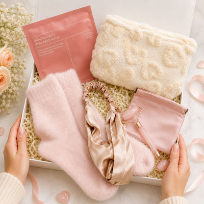 Skincare product set including face masks and roller in a decorative box on a light background.