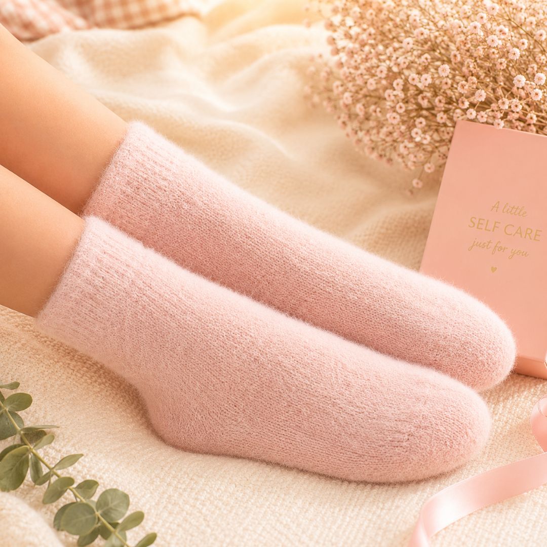 Pink socks being worn on a soft surface with decorative elements.