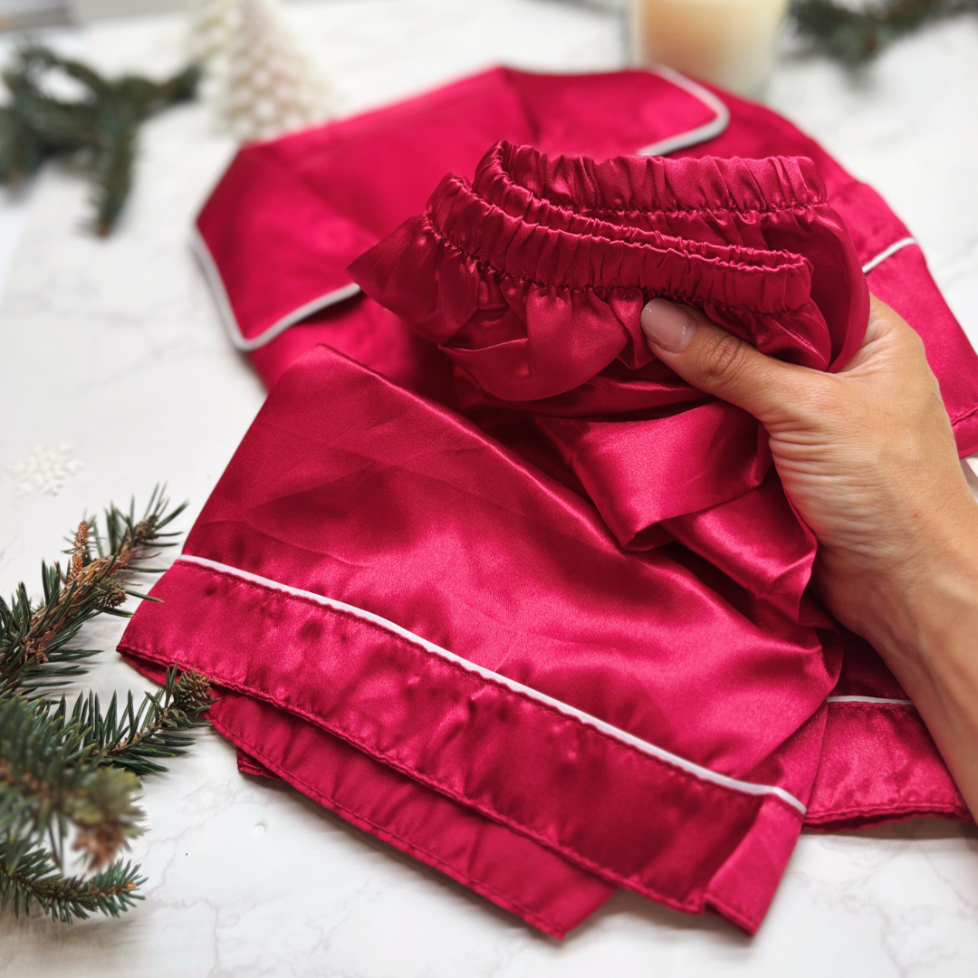 Festive Luxury Pyjama Gift Box – Satin Christmas PJs, Candle, Socks &amp; Accessories for Her - DEEP PINK