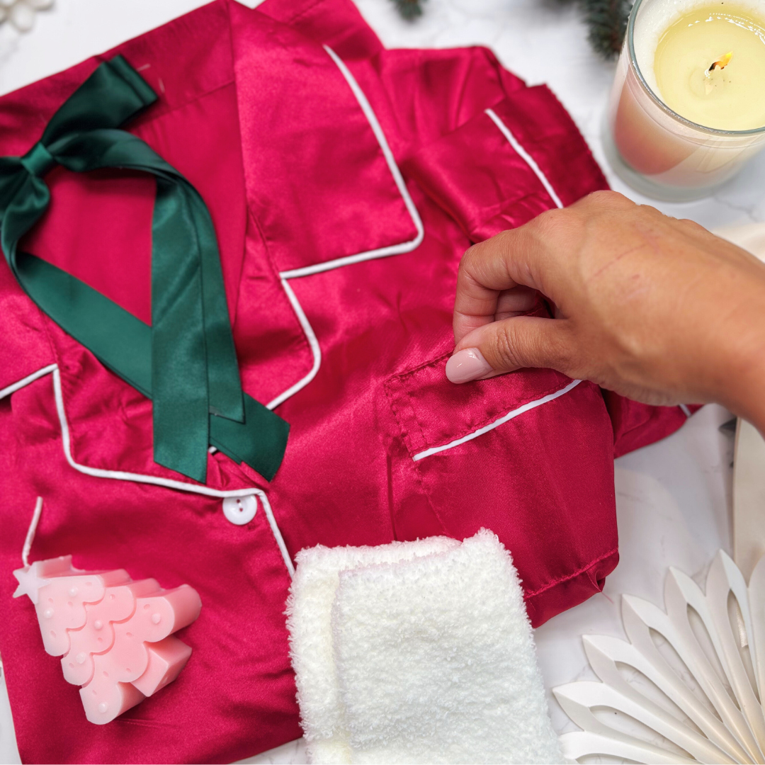 Festive Luxury Pyjama Gift Box – Satin Christmas PJs, Candle, Socks &amp; Accessories for Her - DEEP PINK