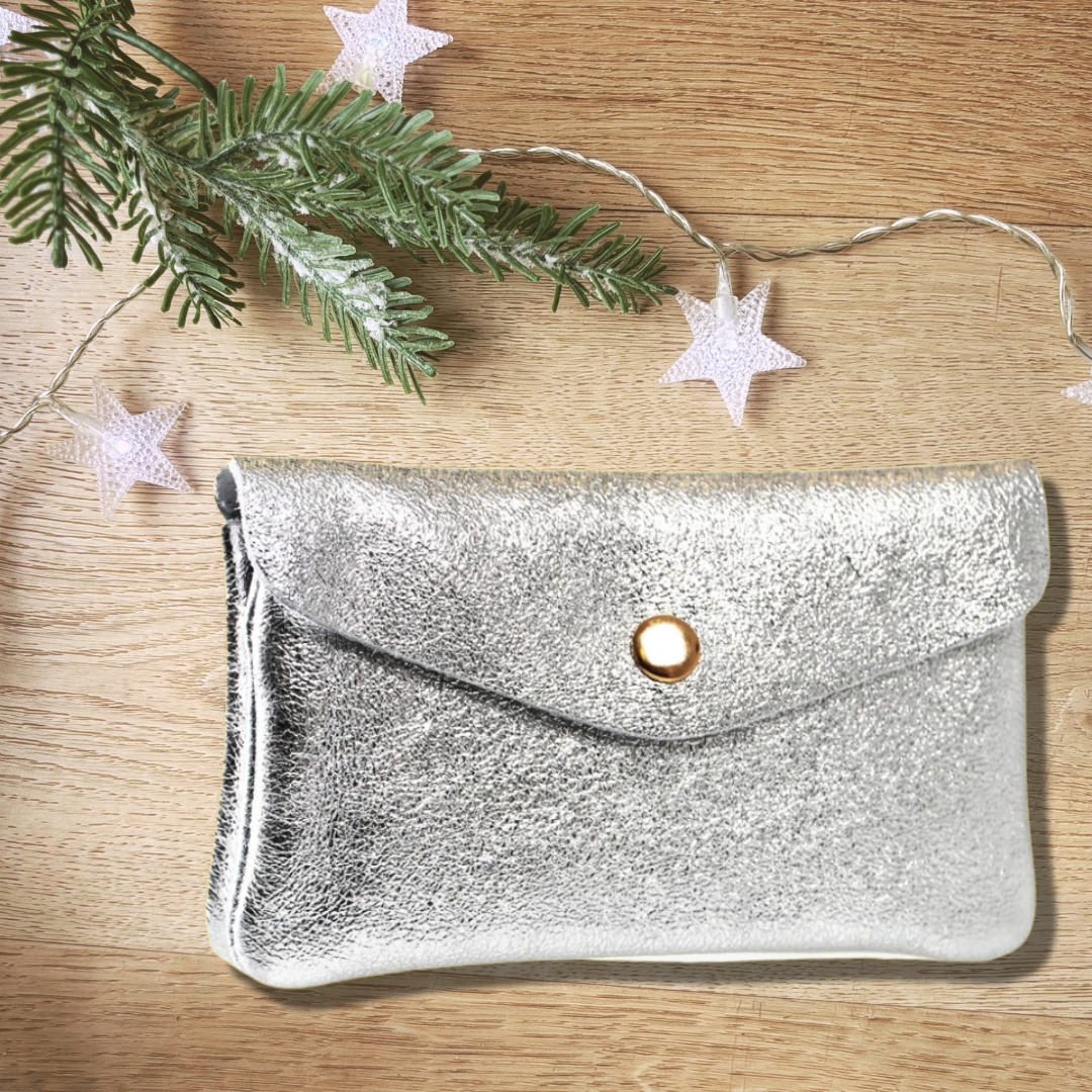 Silver Metallic Italian Real Leather Purse