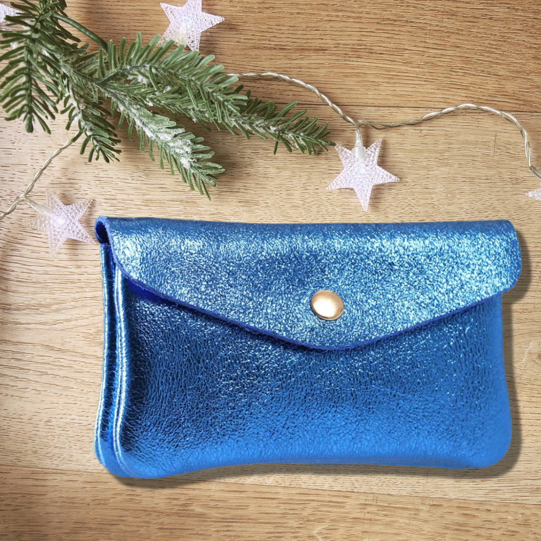 Blue Metallic Italian Real Leather Purse