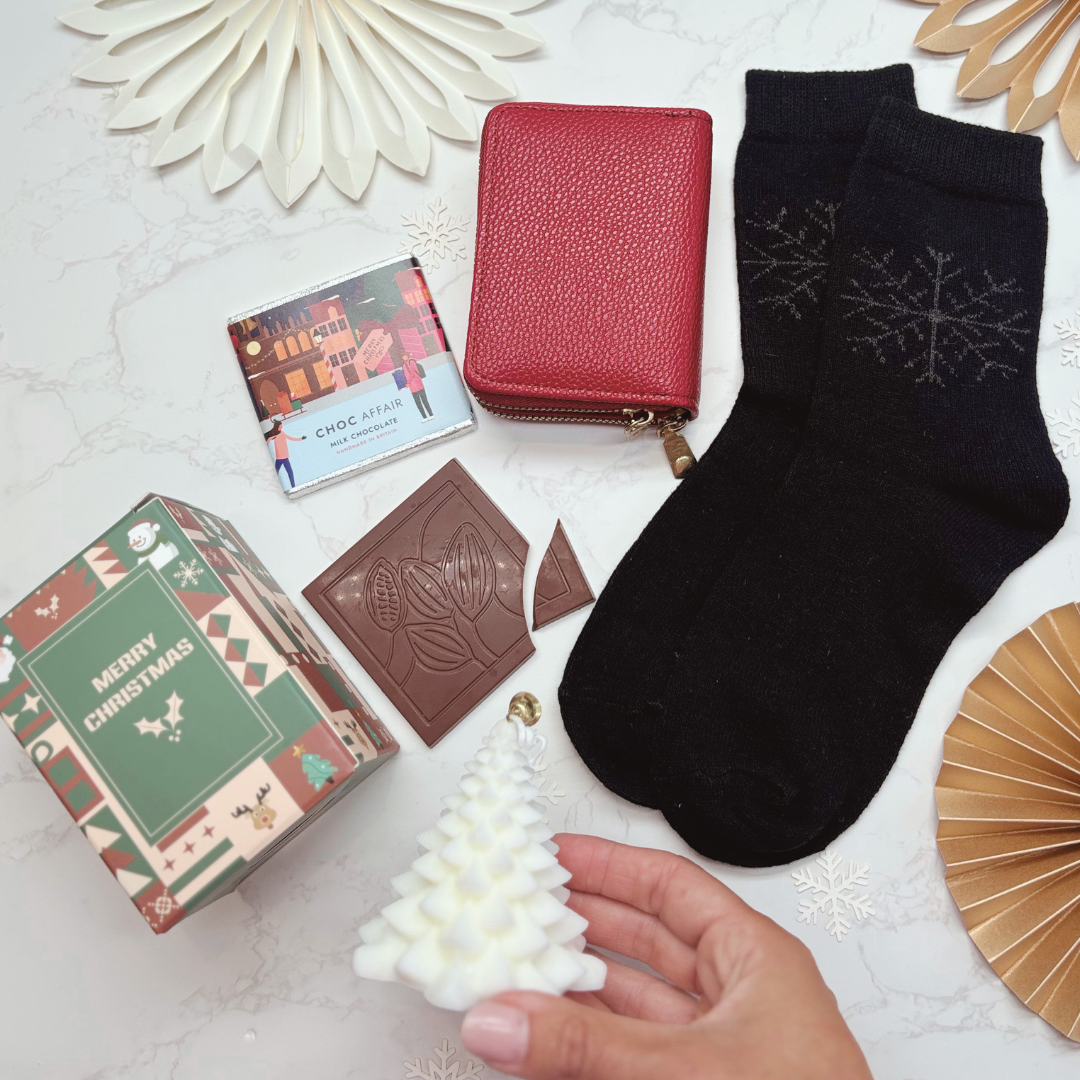 Red Purse, Snowflake Socks &amp; Chocolate Christmas Gift Box for Her (Optional Candle)