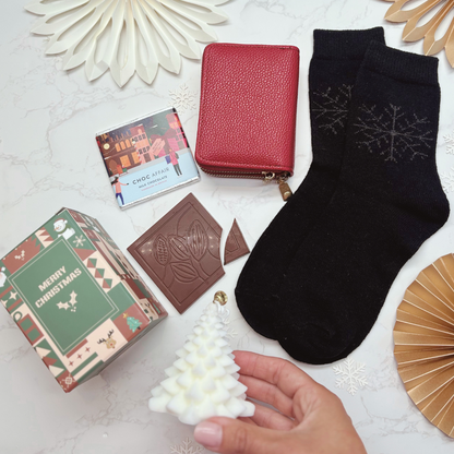 Red Purse, Snowflake Socks &amp; Chocolate Christmas Gift Box for Her (Optional Candle)