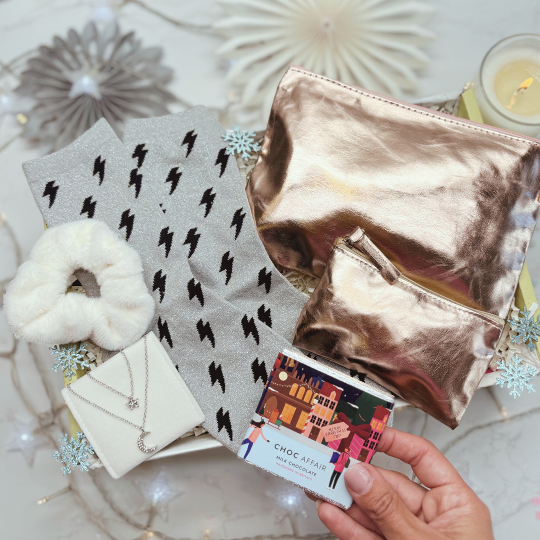 Christmas Party Ready Letterbox Gift – ROSE GOLD. Sparkle Socks, Necklace, Scrunchie &amp; Purses for Her