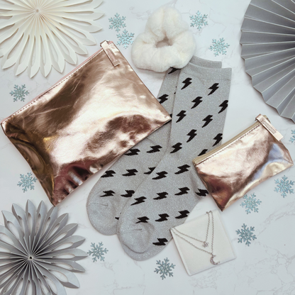 Christmas Party Ready Letterbox Gift – ROSE GOLD. Sparkle Socks, Necklace, Scrunchie &amp; Purses for Her