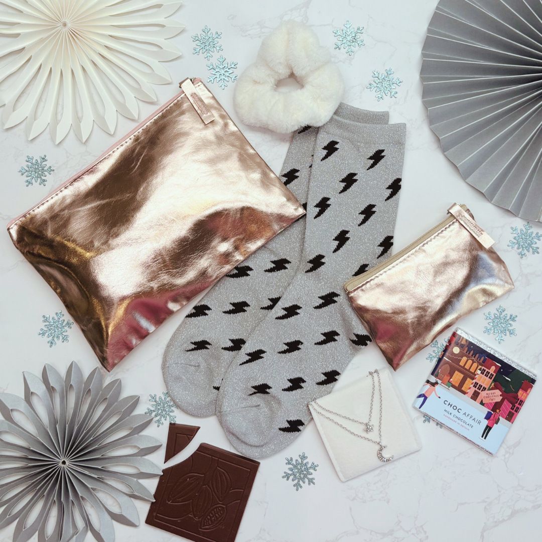 Christmas Party Ready Letterbox Gift – ROSE GOLD. Sparkle Socks, Necklace, Scrunchie &amp; Purses for Her