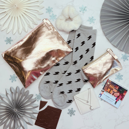Christmas Party Ready Letterbox Gift – ROSE GOLD. Sparkle Socks, Necklace, Scrunchie &amp; Purses for Her