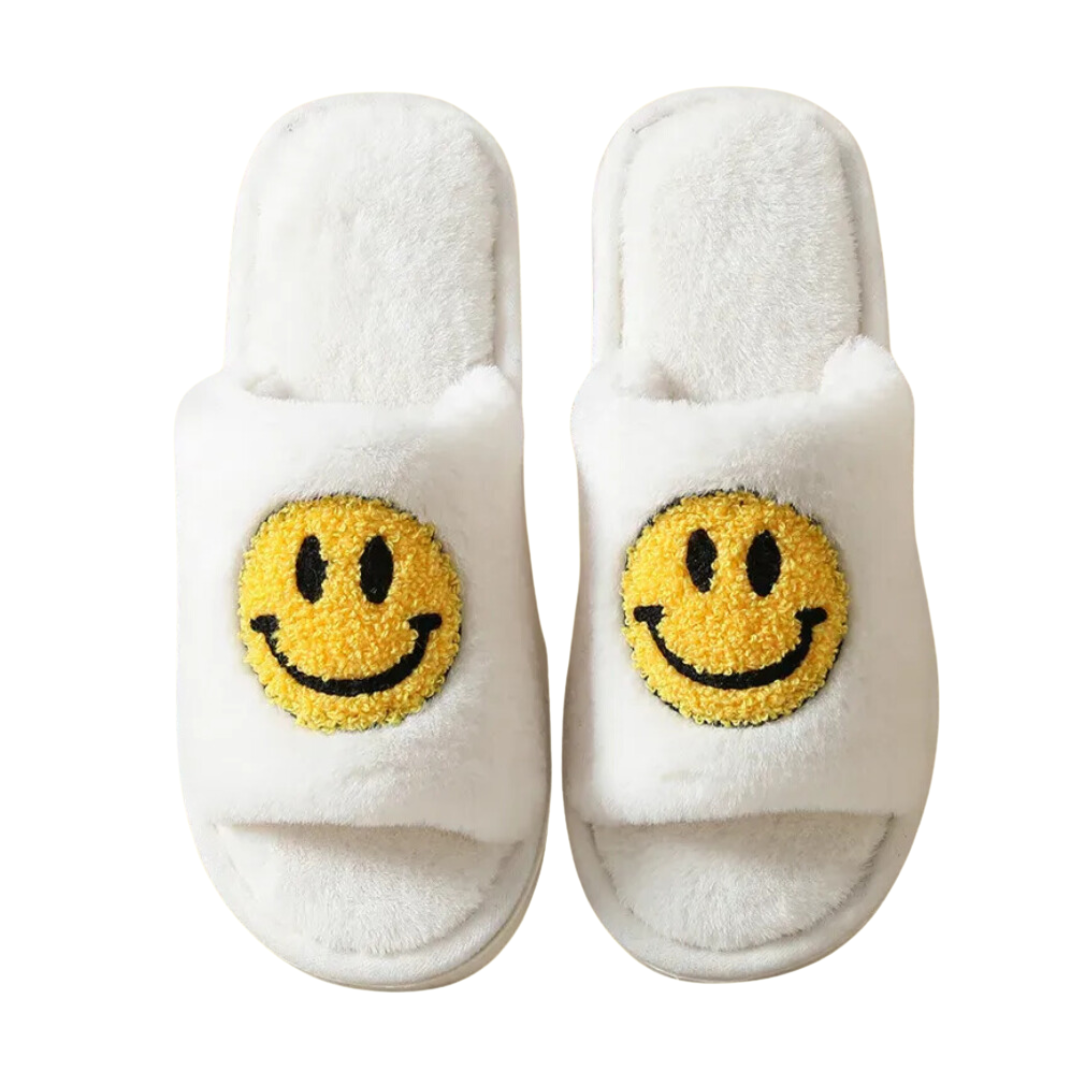 Smiley Face White Slippers – Cosy Gift With A Smile  - SUMMER SALE