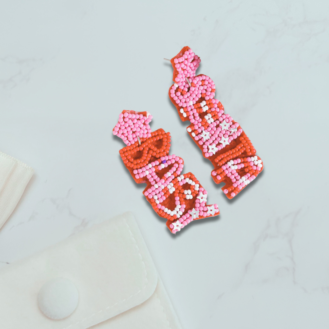 LIMITED EDITION Beaded Christmas Earrings – Pink &amp; Red Statement Festive Jewellery
