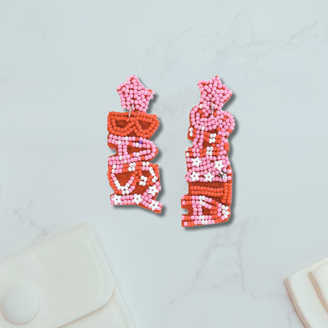 LIMITED EDITION Beaded Christmas Earrings – Pink &amp; Red Statement Festive Jewellery