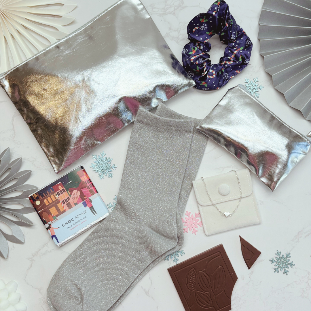 Christmas Party Ready Letterbox Gift – SILVER. Sparkle Socks, Bracelet, Silver Purses & Festive Accessories for Her