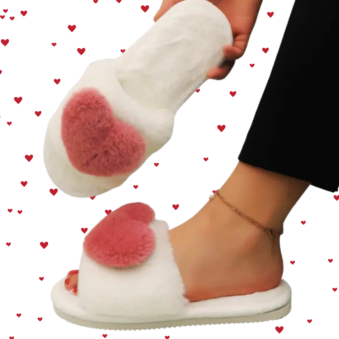 Fluffy Heart Slippers - Dusky Pink