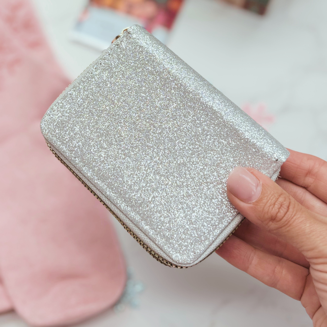 Glitter Purse, Festive Socks &amp; Chocolate Christmas Gift Box SILVER – Gift for Her (Optional Candle)