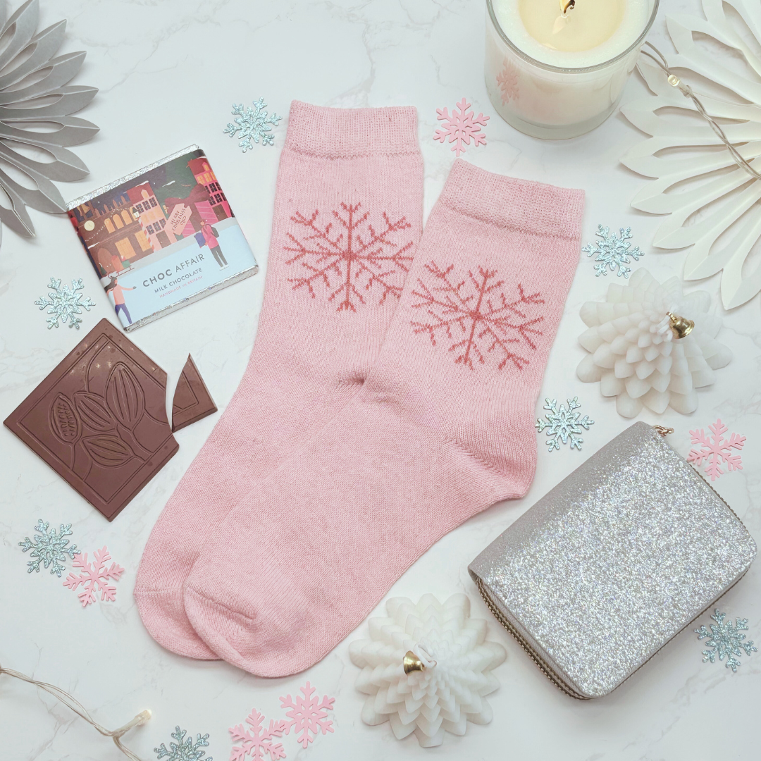 Glitter Purse, Festive Socks &amp; Chocolate Christmas Gift Box SILVER – Gift for Her (Optional Candle)
