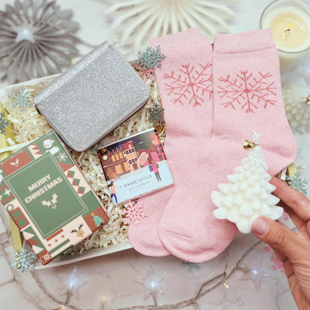 Glitter Purse, Festive Socks &amp; Chocolate Christmas Gift Box SILVER – Gift for Her (Optional Candle)