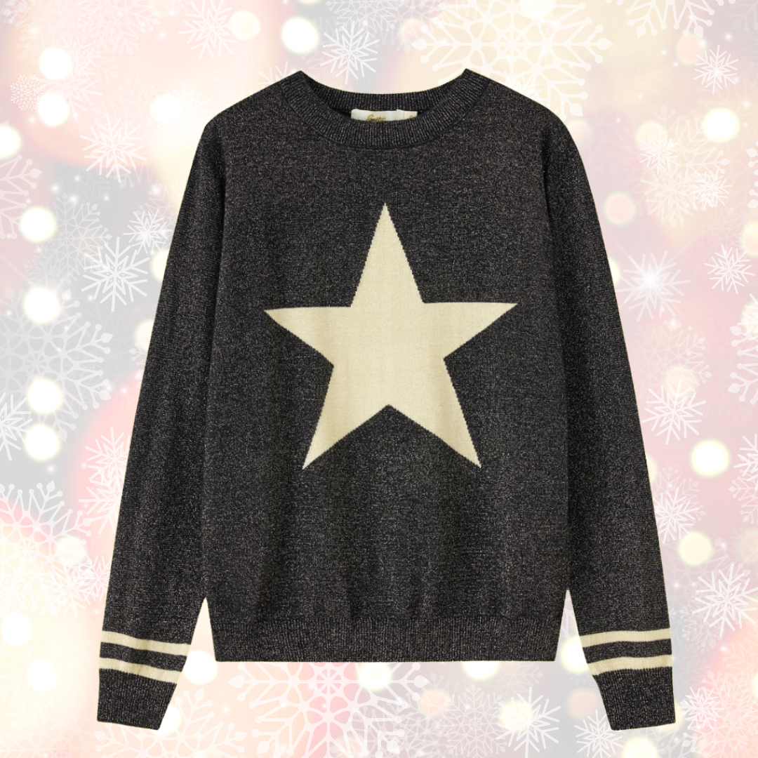 Christmas Jumper in Black Glitter With Gold Star And Stripe Print