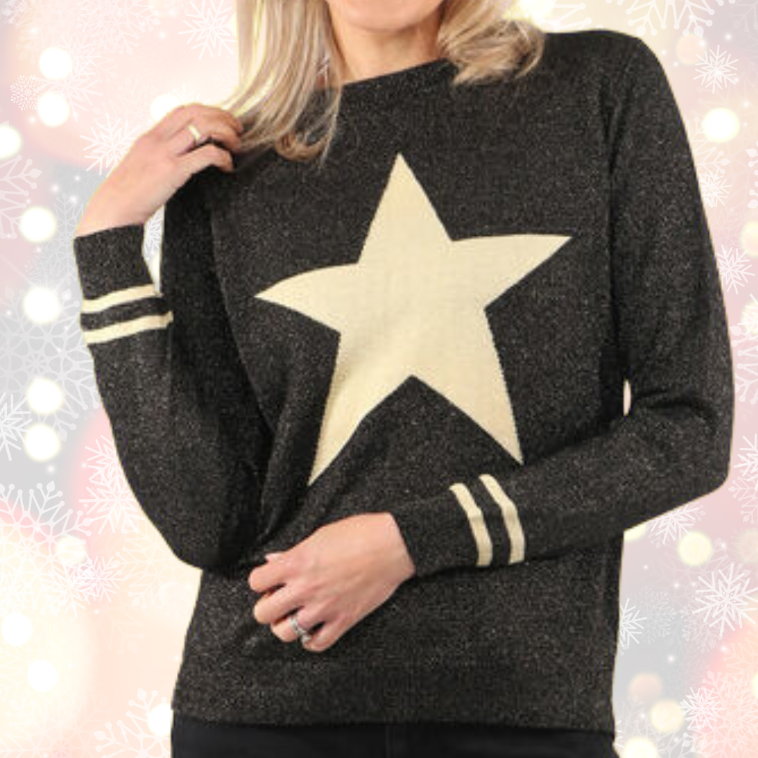 Christmas Jumper in Black Glitter With Gold Star And Stripe Print