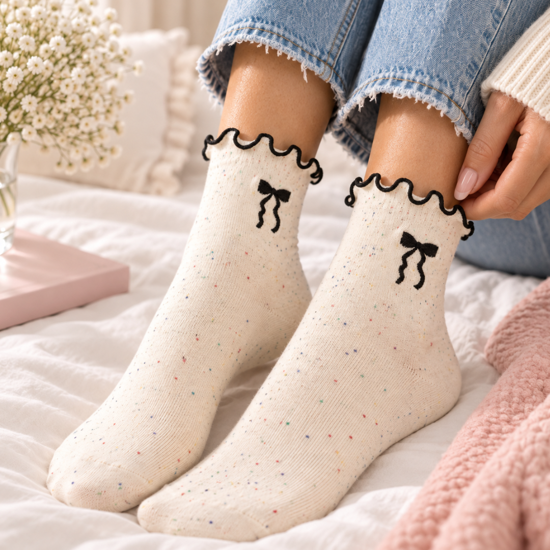 A person wearing cream-colored ankle socks with tiny multicolor speckles, black ruffled trim, and a black bow motif near the top, paired with light blue jeans on a soft white bed.