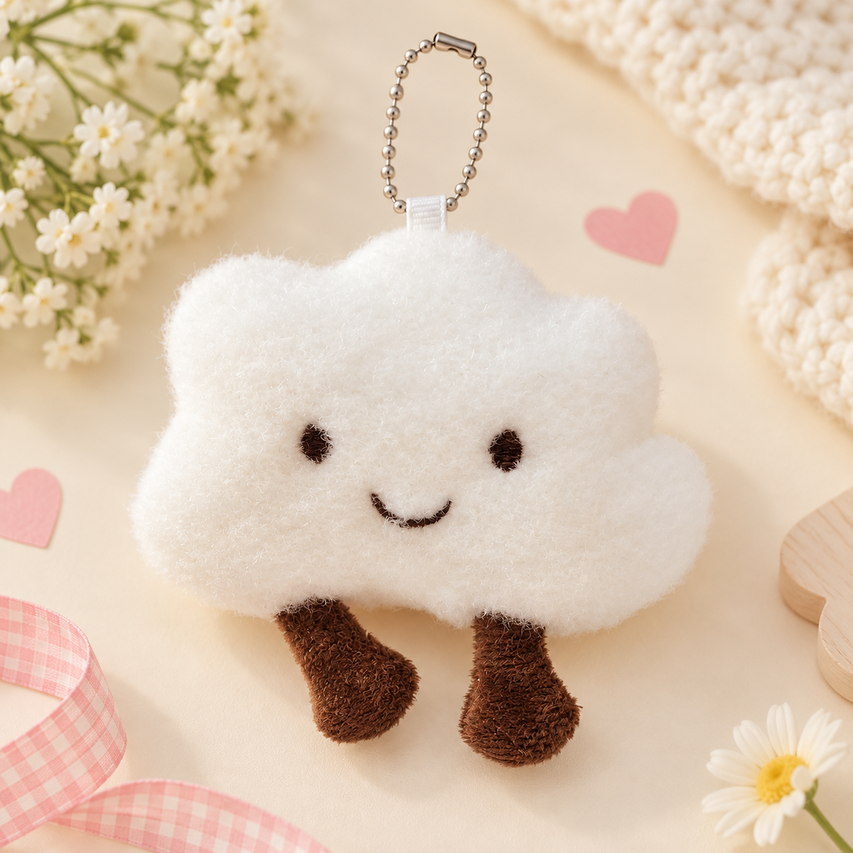 A cute white cloud-shaped plush keychain with embroidered facial features and brown legs, attached to a silver ball chain. The keychain is styled on a light beige background with pink hearts, a pink gingham ribbon, white daisies, and a knitted blanket.