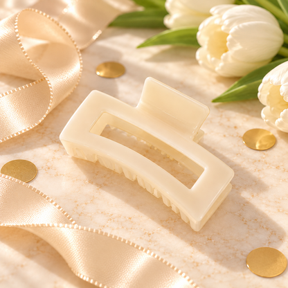 An off-white/cream hair claw clip styled on a marble surface with cream satin ribbon, white tulips, and gold confetti.