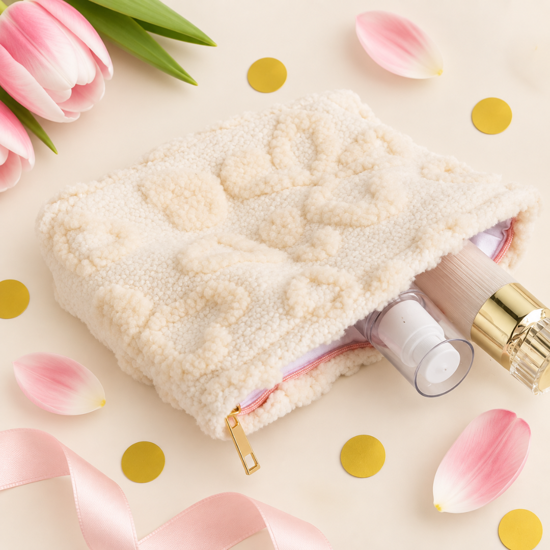 A cream-colored, textured fleece cosmetic pouch with a gold zipper pull, styled with pink tulips, gold confetti, and pink ribbons on a light beige background. The pouch is shown open, containing cosmetic bottles.