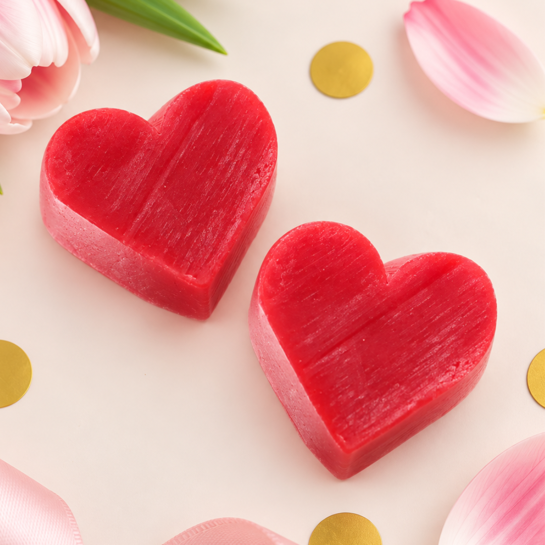 Two heart-shaped red soap bars arranged on a light pink background with decorative pink flower petals, gold confetti, and a green leaf.