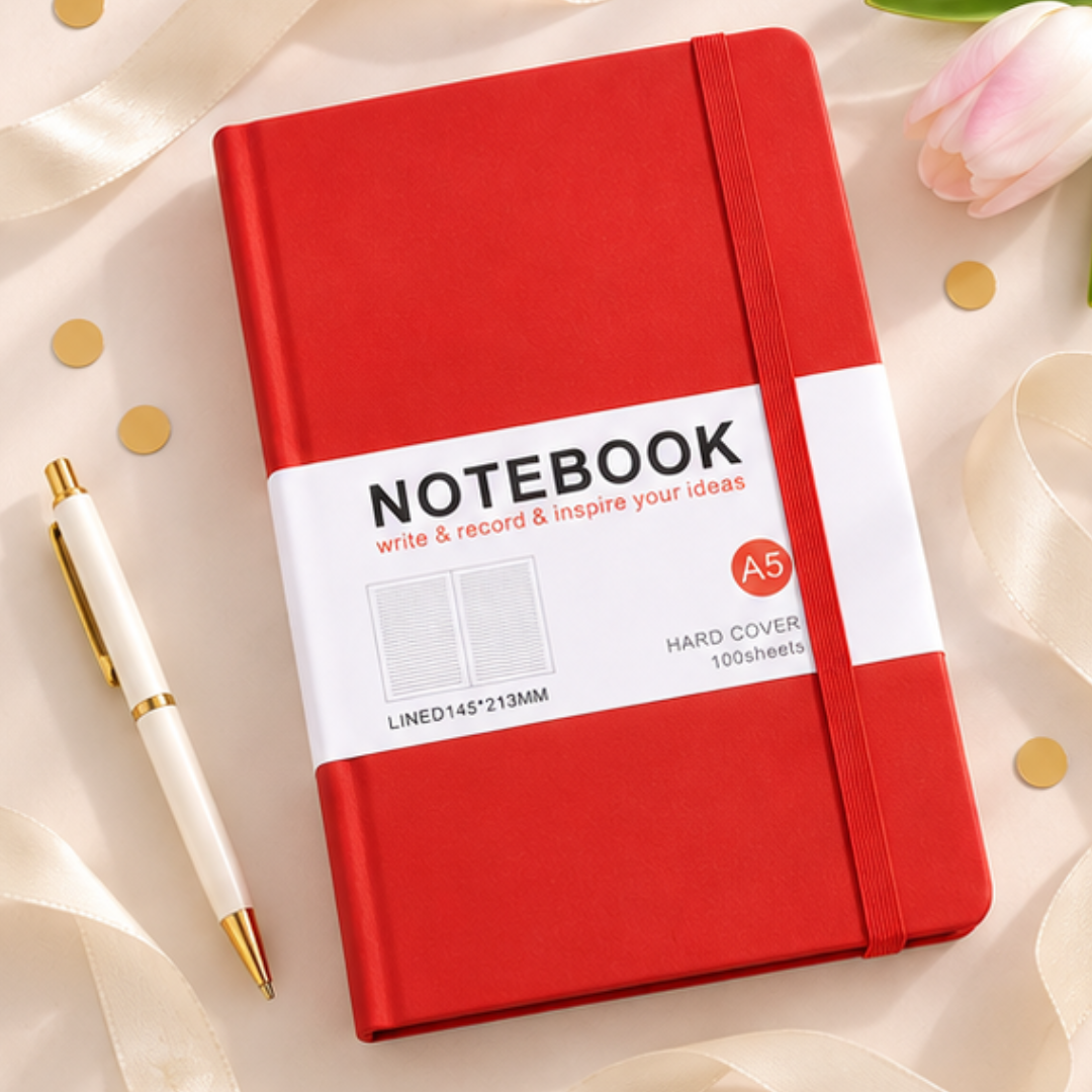A red hardcover notebook with a white paper band label reading &