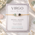 A gold chain bracelet with three gemstone beads (moss agate, selenite, and amazonite) displayed on its branded card, set against a marble background with crystals.