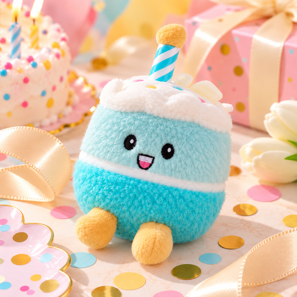 A cute plush toy shaped like a birthday cake, featuring a light blue body, white frosting, yellow legs, and a striped party hat, set against a festive background with confetti, a gift box, and a blurred cake.