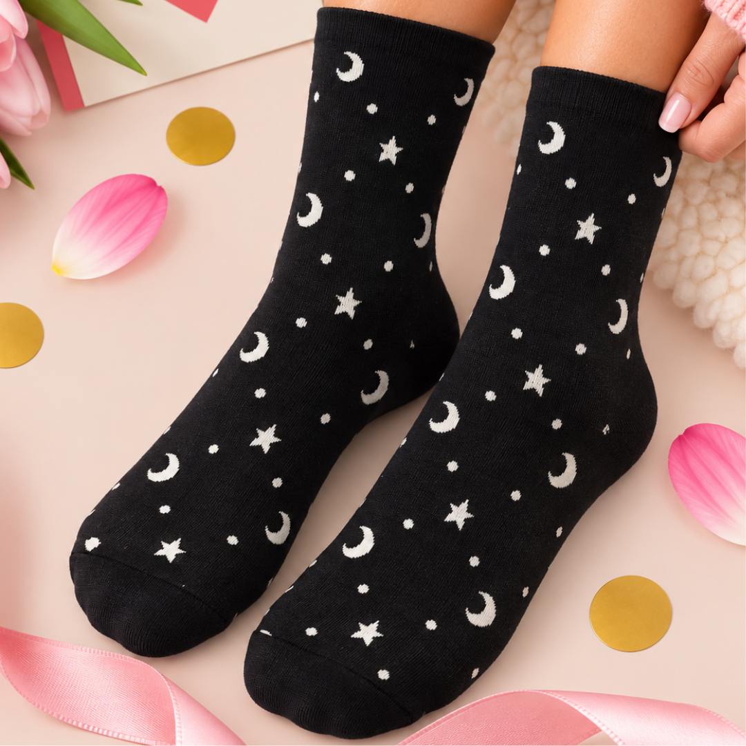 A pair of black crew socks with a white celestial pattern of stars, moons, and dots, shown on feet with a hand holding the cuff, styled with pink petals, gold confetti, and a pink ribbon on a light pink background.