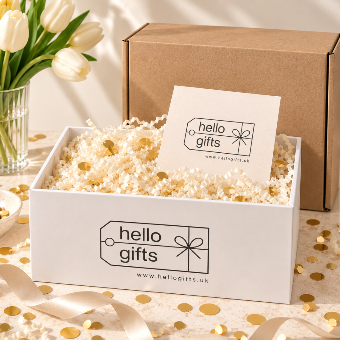 A white branded gift box filled with white paper shred and gold confetti, with a card reading &