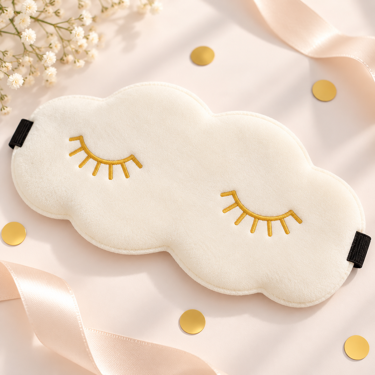 A plush cloud-shaped sleep mask in warm off-white with embroidered closed eyes in gold thread, shown on a soft blush background with satin ribbon, small white flowers, and gold confetti.