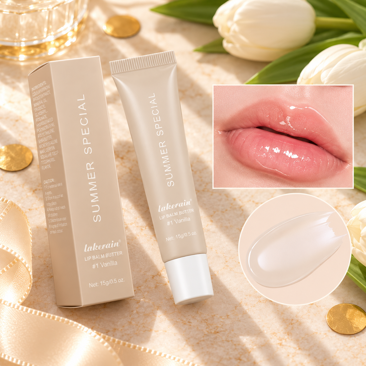 A cosmetic lip balm set from lakerein, featuring a beige box, a matching squeeze tube, a close-up of glossy pink lips wearing the product, and a nail swatch, arranged on a beige marble surface with tulips and gold coins.