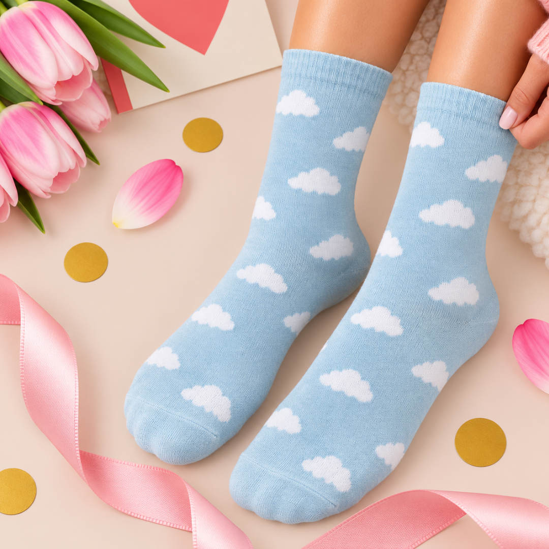 A pair of light blue crew socks with a white cloud pattern, worn on feet and styled with pink tulips, a pink ribbon, gold confetti, and a gift card.