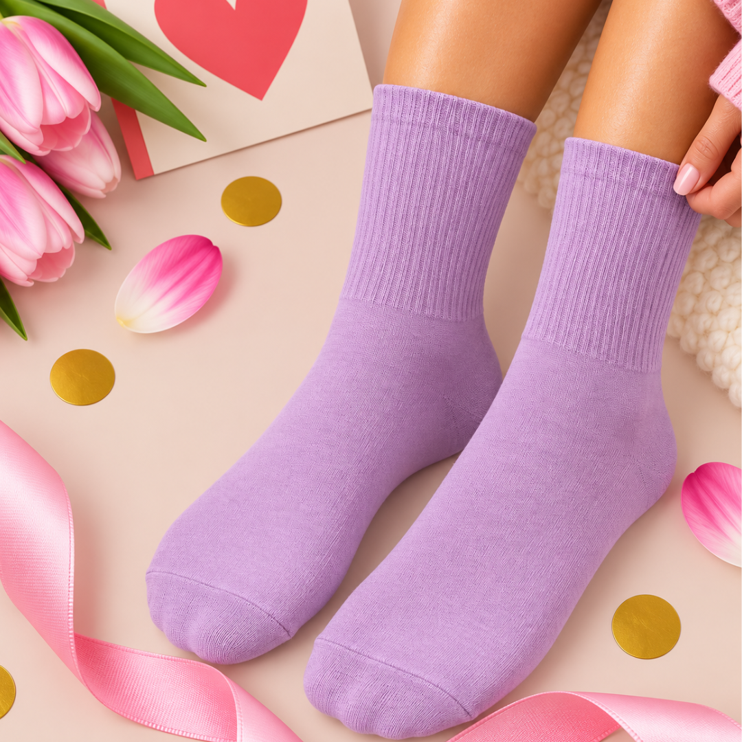 A pair of light purple ribbed crew socks worn on feet, styled with pink tulips, gold confetti, pink ribbon, and a pink card in a flat-lay composition.