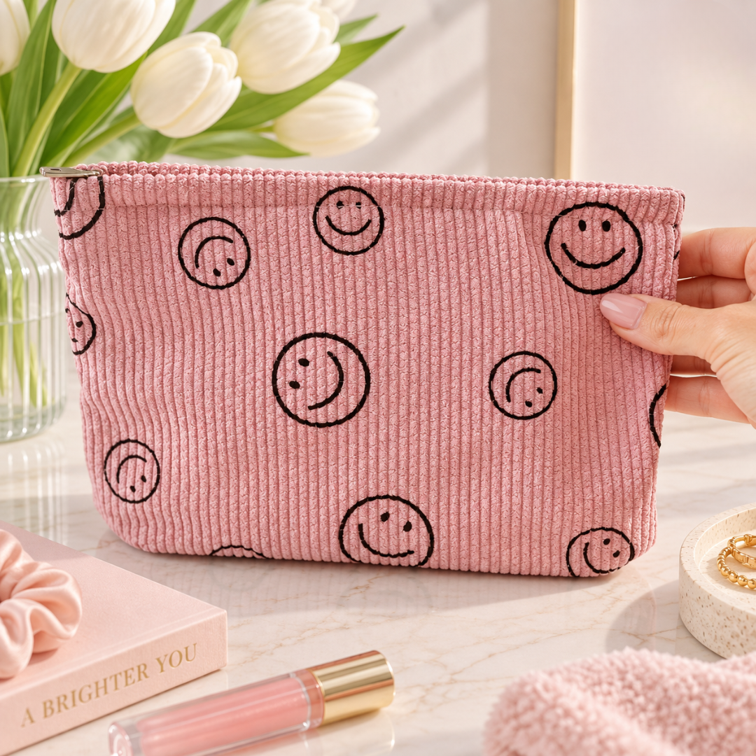 A pink corduroy cosmetic pouch with a black smiley face pattern, held by a hand on a marble surface next to a pink book, a flower vase, and a lip gloss.