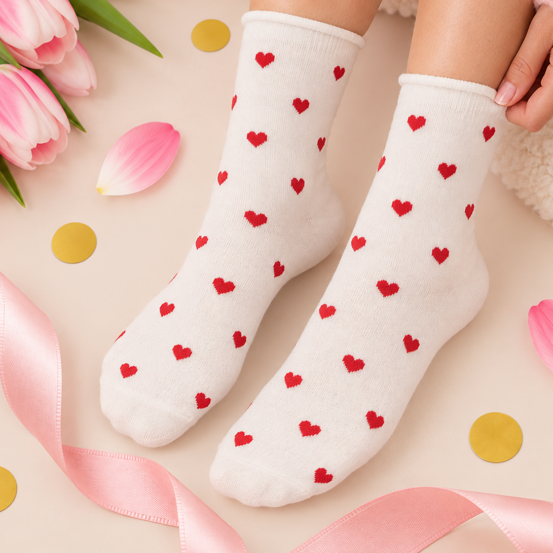 White crew socks with a red heart pattern, worn on feet with pink tulips, a pink ribbon, and gold confetti in the background.