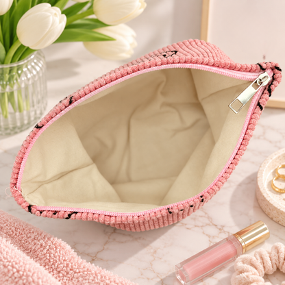 A pink corduroy cosmetic pouch with a cream-colored interior, shown open on a marble surface with tulips and beauty accessories in the background.