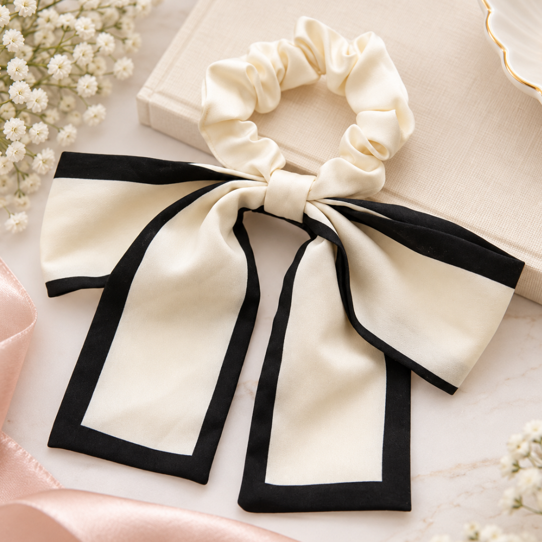 Cream Satin Bow Scrunchie – Black &amp; Cream Hair Accessory