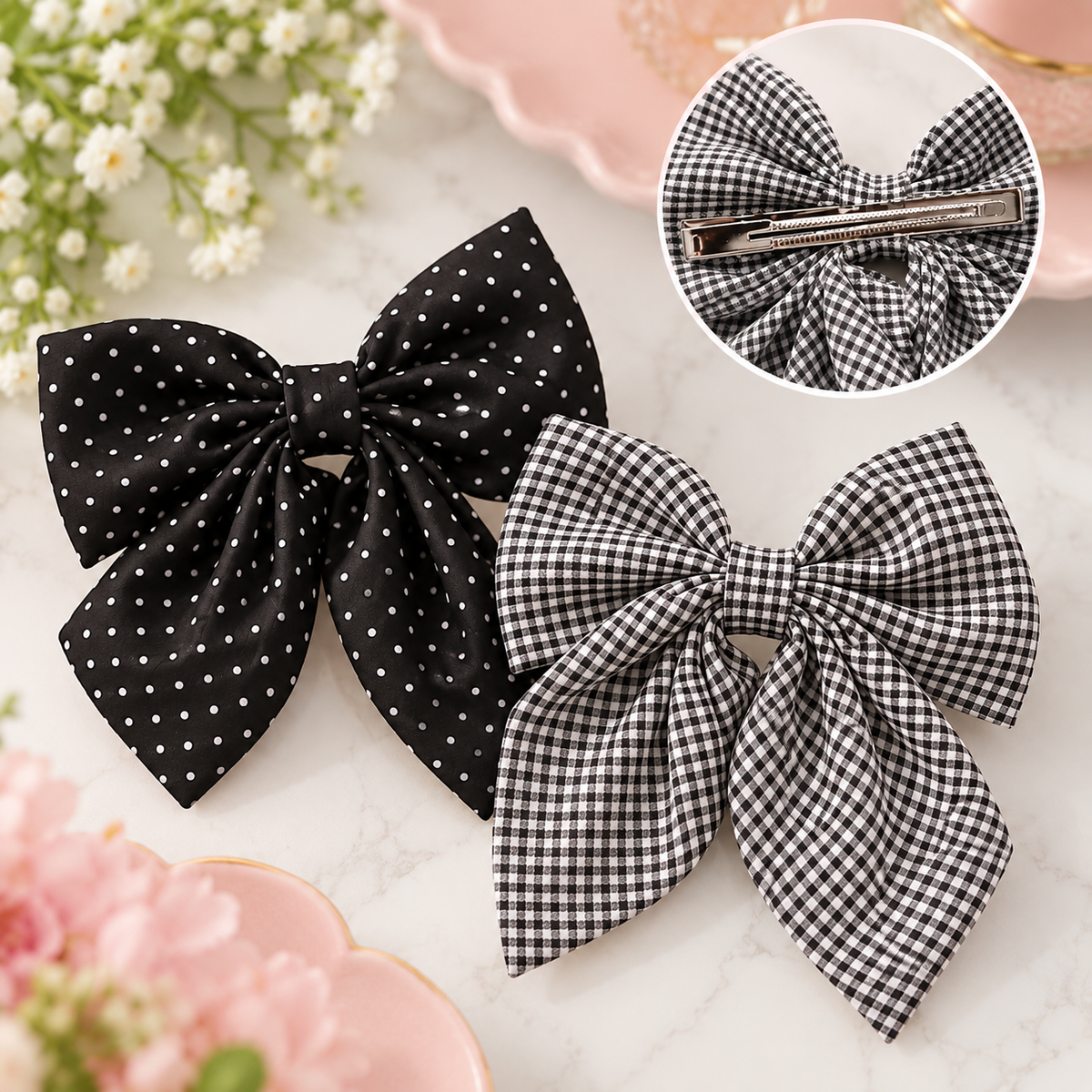 Two fabric hair bows on a light marble surface with floral props: one black bow with white polka dots and one black-and-white gingham bow. A circular inset shows the back of one bow with a metal hair clip fastener visible.